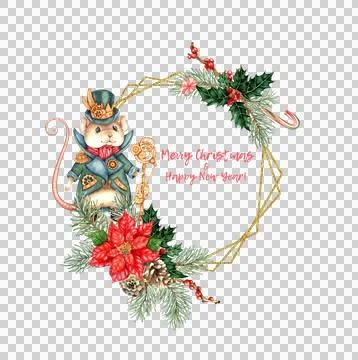 Mouse king fir branches hexagonal frame geometric watercolor Stock Illustration