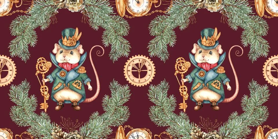 Mouse king in fir branches pattern on burgundy watercolor background 스톡 일러스트