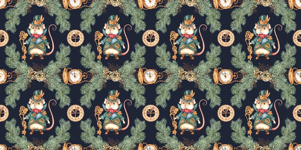 Mouse king in fir branches pattern on blue watercolor background Illustrazione stock