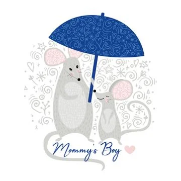 Mouse Mother and Mouse baby boy cute with umbrella. Mommy's boy... Cool anima Stock Illustration