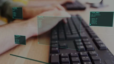 Mouse moving, faint green panels appearing, hands switching to keyboard and Stock Footage 333790239
