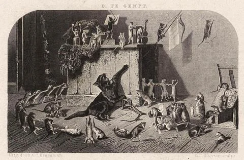 Mouse Party 1861 The cat has fallen into a trap and the exuberant mice are Illustrazione stock