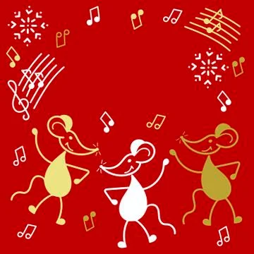 Mouse party, hand drawn vector symbol 2020 year. Fun little mice are dancing, Stock Illustration
