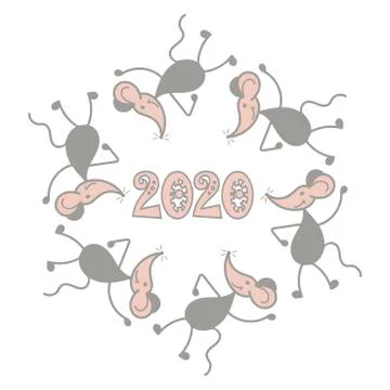 Mouse party, hand drawn vector symbol 2020 year. Fun little mice are dancing. Stock Illustration