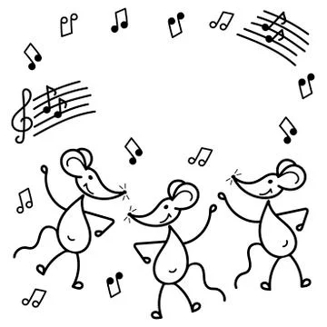 Mouse party, hand drawn vector symbol 2020 year. Fun little mice are dancing, Stock Illustration