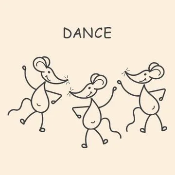 Mouse party, hand drawn vector illustration. Fun little mice are dancing, mus Stock Illustration