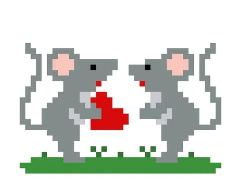 Mouse pixels fall in love. Pixel art vector illustration. Illustrazione stock