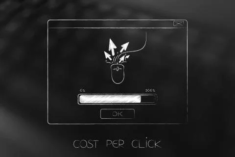 Mouse with pointer arrows into pop-up, cost per click Illustrazione stock