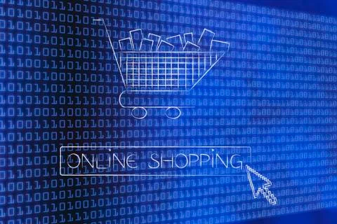 Mouse pointer clicking on button with shopping basket Stock Illustration