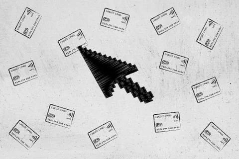 Mouse pointer clicking on one credit card out of a group Stock Illustration