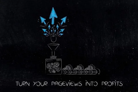 Mouse pointer clicks turned into cash through imaginary factory machine Stock Illustration