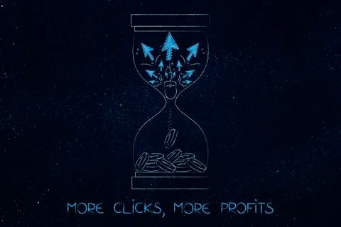 Mouse pointer clicks turning into coins from inside an hourglass, internet pr Stock Illustration