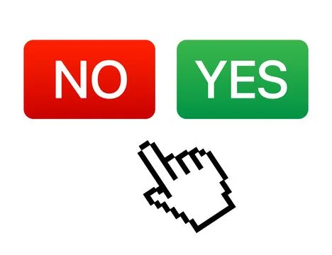 Mouse pointer hand choosing between YES and NO answer buttons, vector 스톡 일러스트