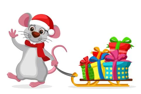 Mouse pulls a sled with gift boxes on a white. New year character Stock Illustration