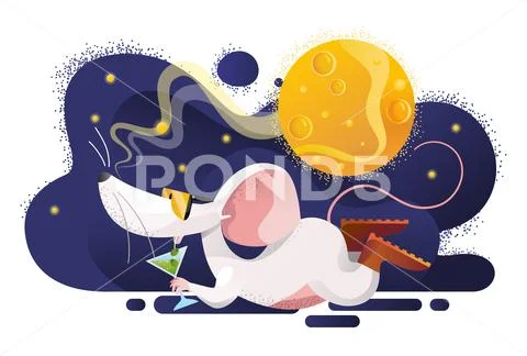 Mouse Relaxes While Drinking A Cocktail. Vector Illustration