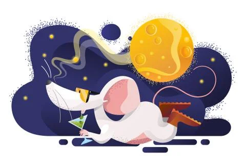 Mouse relaxes while drinking a cocktail. Vector illustration 스톡 일러스트