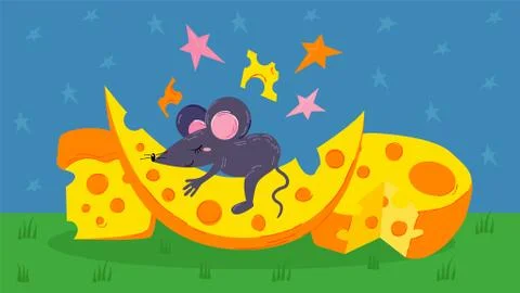 Mouse sleeping on cheese vector illustration flat style. Cute little cartoon Иллюстрация