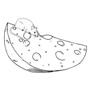 Mouse with a slice of cheese hand drawn. Stock Illustration