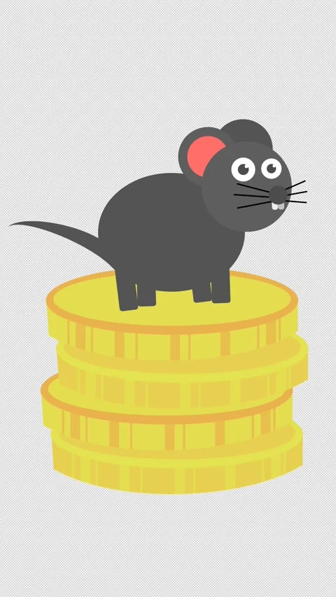 Mouse on stack of coins in a cartoon animation. Funny animal with wealth icon. Stock Footage 307535168