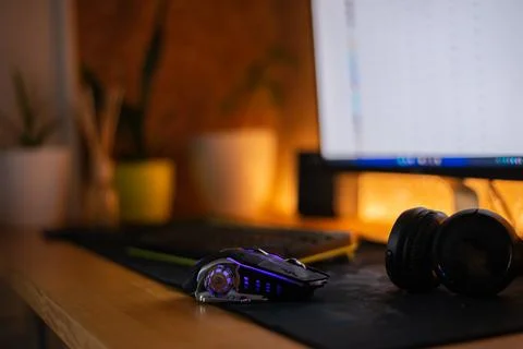Mouse on a table near a computer in a dark room Stock Photos