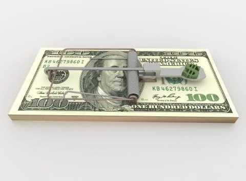 Mouse Trap from 100 Dollar Bill Bundle, Render on White Stock Illustration