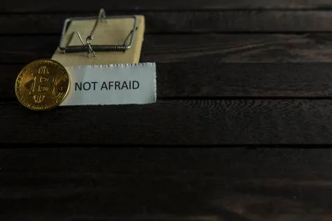 Mouse trap, frontside of bitcoin and the word not afraid. Stock Photos