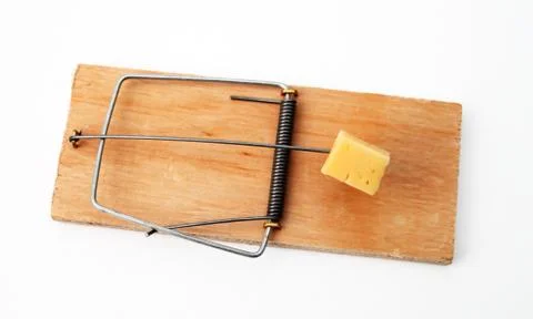 Mouse trap with a piece of cheese on a white background close-up Stock Photos