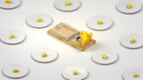 Mouse traps with cheese on the floor, 3D rendering Illustrazione stock