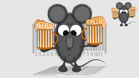 A mouse with two mugs of beer on a white and blank background. Video stock 149670821