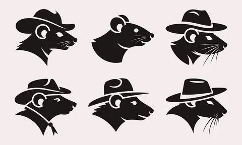 Mouse Wearing Hat Silhouette Icon Set Cute Rodent Character Vector Collection Stock Illustration