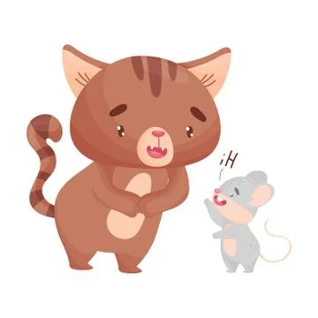 Mouse welcomes the cat. Vector illustration on white background. Stock Illustration