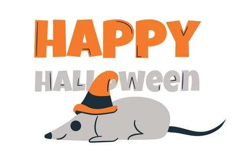 Mouse in witch hat Happy Halloween. Card for spooky holiday. Smiling cute Stock Illustration