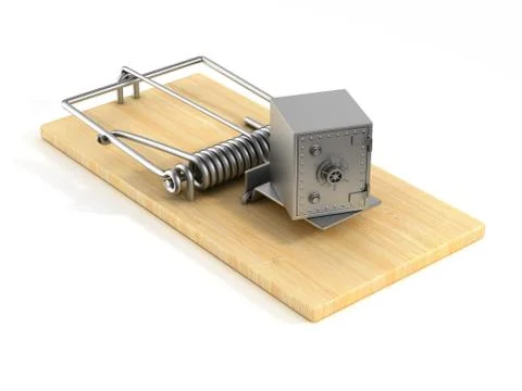 Mousetrap and safe on white background. Isolated 3D image Ilustración de archivo