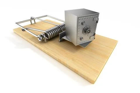 Mousetrap and safe on white background. Isolated 3D image Ilustración de archivo