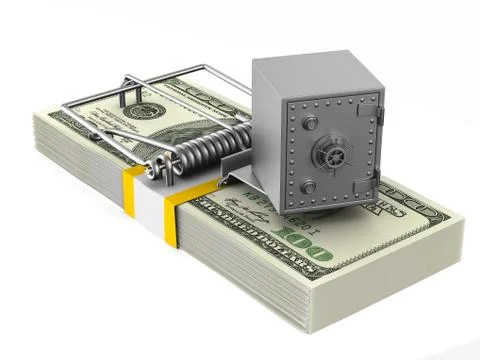 Mousetrap and safe on white background. Isolated 3D illustration Ilustración de archivo