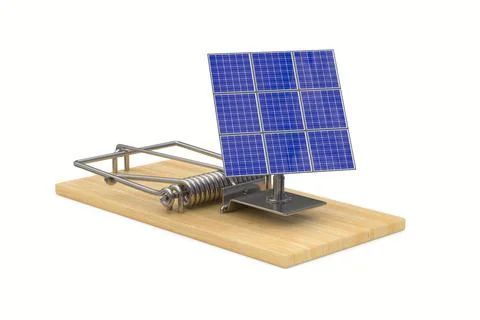 Mousetrap and solar panel with clouds reflection on white background. Isolate Stock Illustration