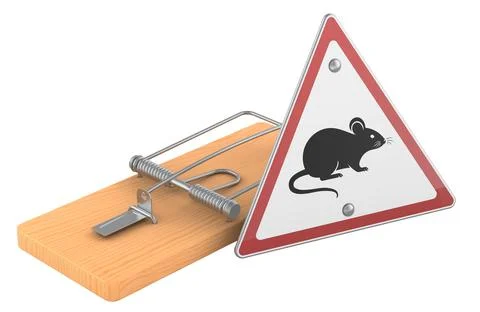Mousetrap with mouse warning sign, 3d rendering Stock Illustration