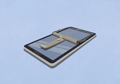 Mousetrap over smart phone on blue background Stock Illustration