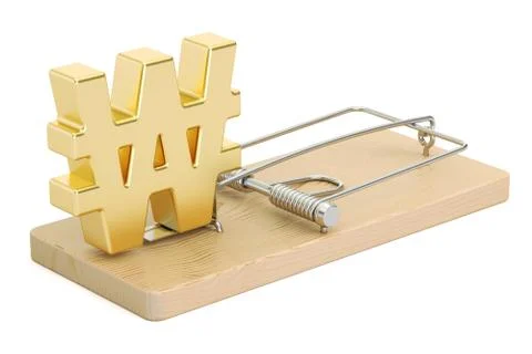 Mousetrap with symbol of won, 3D rendering Illustrazione stock