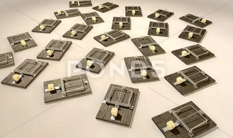 Mousetraps with cheese array far Stock Illustration
