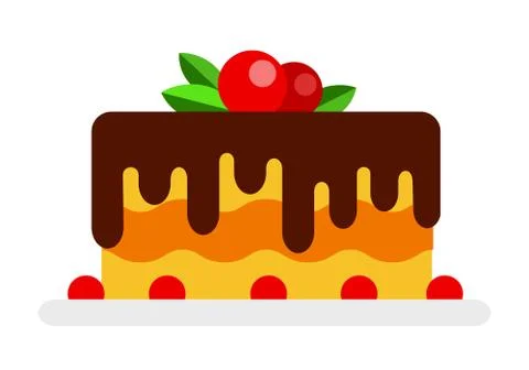 Mousse cake with chocolate icing and berries flat isolated Stock Illustration