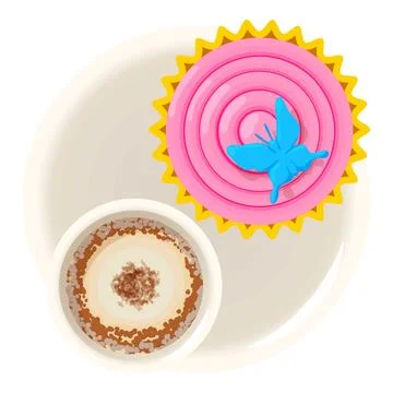 Mousse cake icon isometric vector. Bright fruit mousse cake and latte coffee cup Stock Illustration