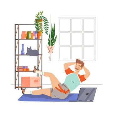 Moustached Man Doing Sit-ups or Abdominal Crunches at Home Vector Illustration Stock Illustration