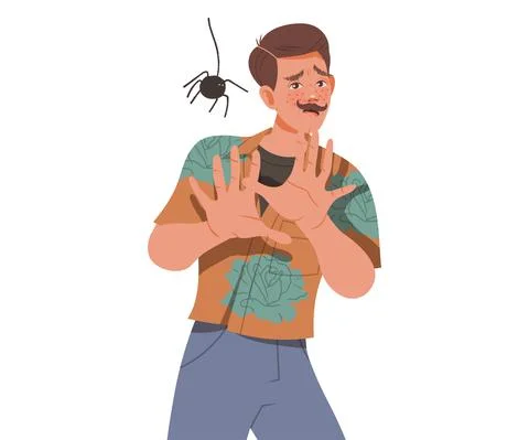 Moustached Man Looking at Spider with Outstretched Arms Uttering Fear Sigh Illustrazione stock