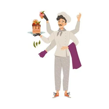 Moustached Man as Super Chef in Toque and Jacket Multitasking Vector Stock Illustration
