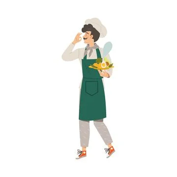 Moustached Man as Super Chef in Toque and Apron Carrying Served Dish Vector 스톡 일러스트