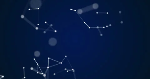 Movable interlaces of dots and lines dance in a cosmic rhythm on a dark blue Stock Footage 324514230