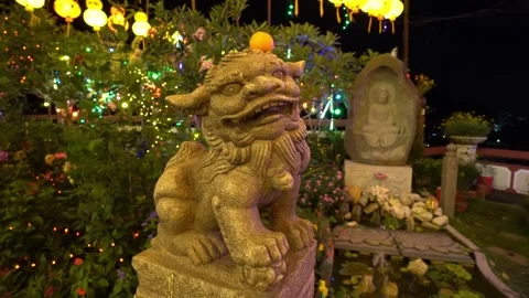 Move and tracking lion statue at night Stock Footage 321392201