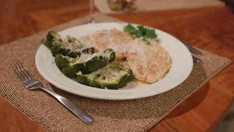 Move Back Over Chicken and Broccoli Dish Place Setting Stock Footage 81276828