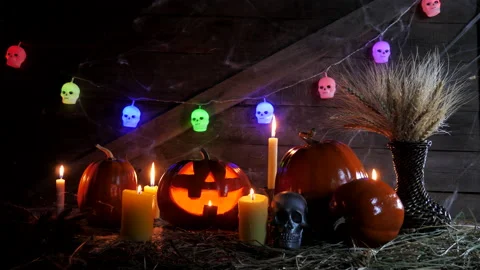 Move the camera forward to the lantern jack. Halloween pumpkin Stock Footage 141750929